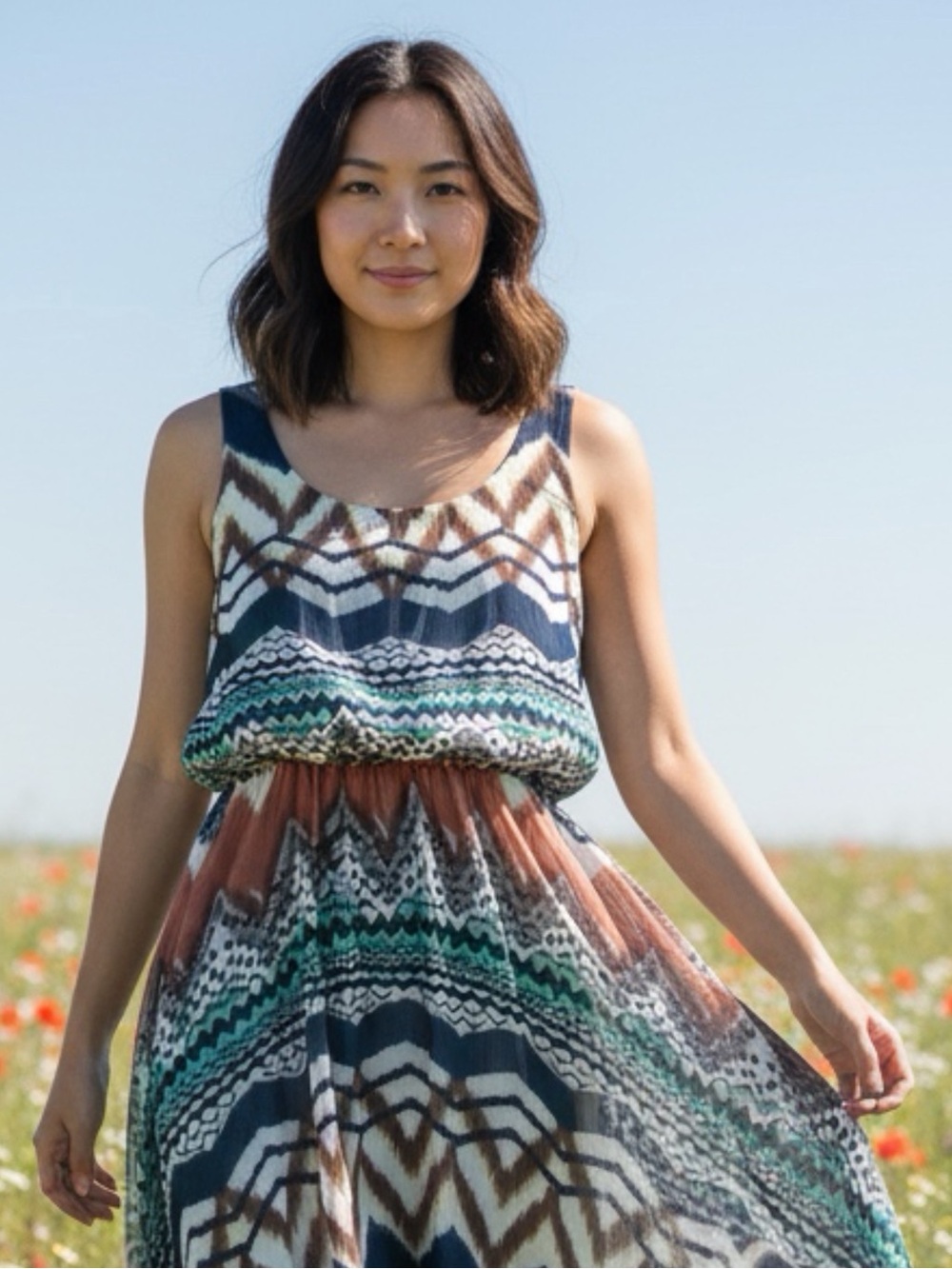 Trixxi Fit & Flare Women's Dress Geometric Print Size M Blue Orange Beige Green